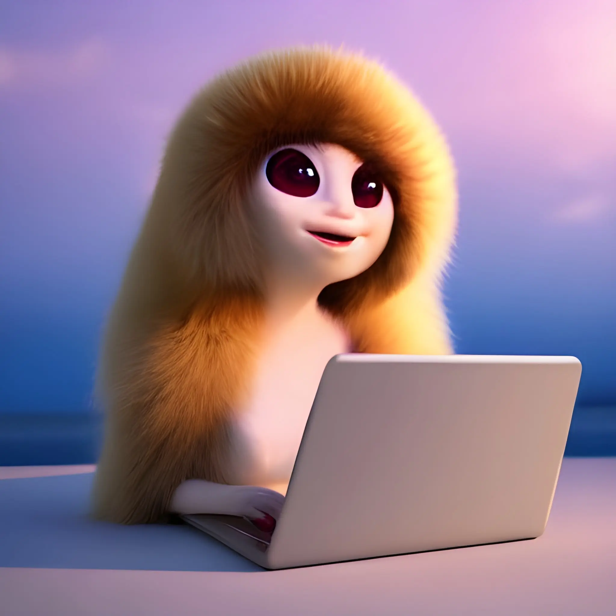 A bizarre-looking woman sitting at a desk with a laptop